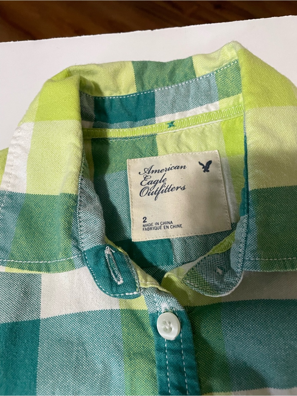 American Eagle Outfitters Green and White Plaid Button-Down Shirt
